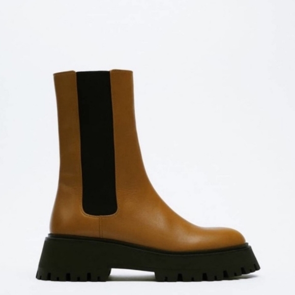 Nwt new Zara light brown leather lug sole chunky ankle combat boots 8 - Picture 2 of 13